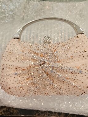 Nina Blush Pink Crystal-Embellished Evening Clutch with Silver Handle